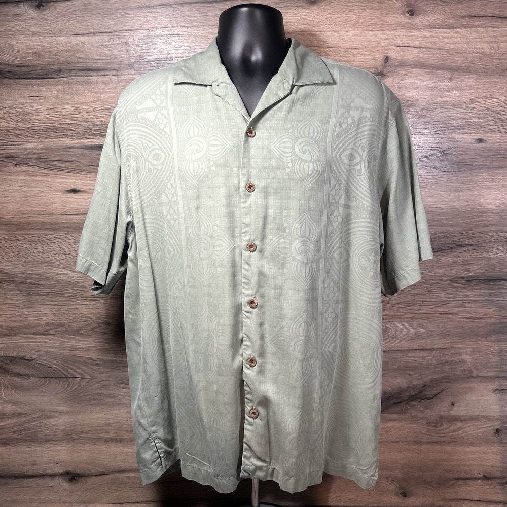 Tommy Bahama 100% Silk Hawaiian Shirt Tonal Jacquard Mens Large Mint Green